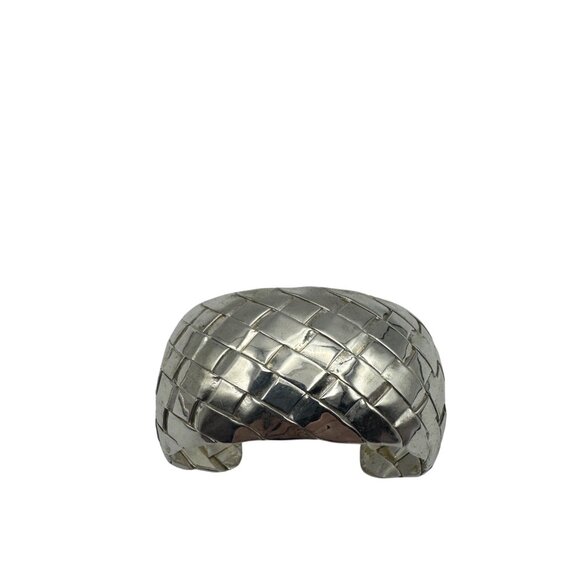 Wide Cuff Bracelet Silver-Tone Textured Woven Design Open Size Adjustable - Picture 4 of 7